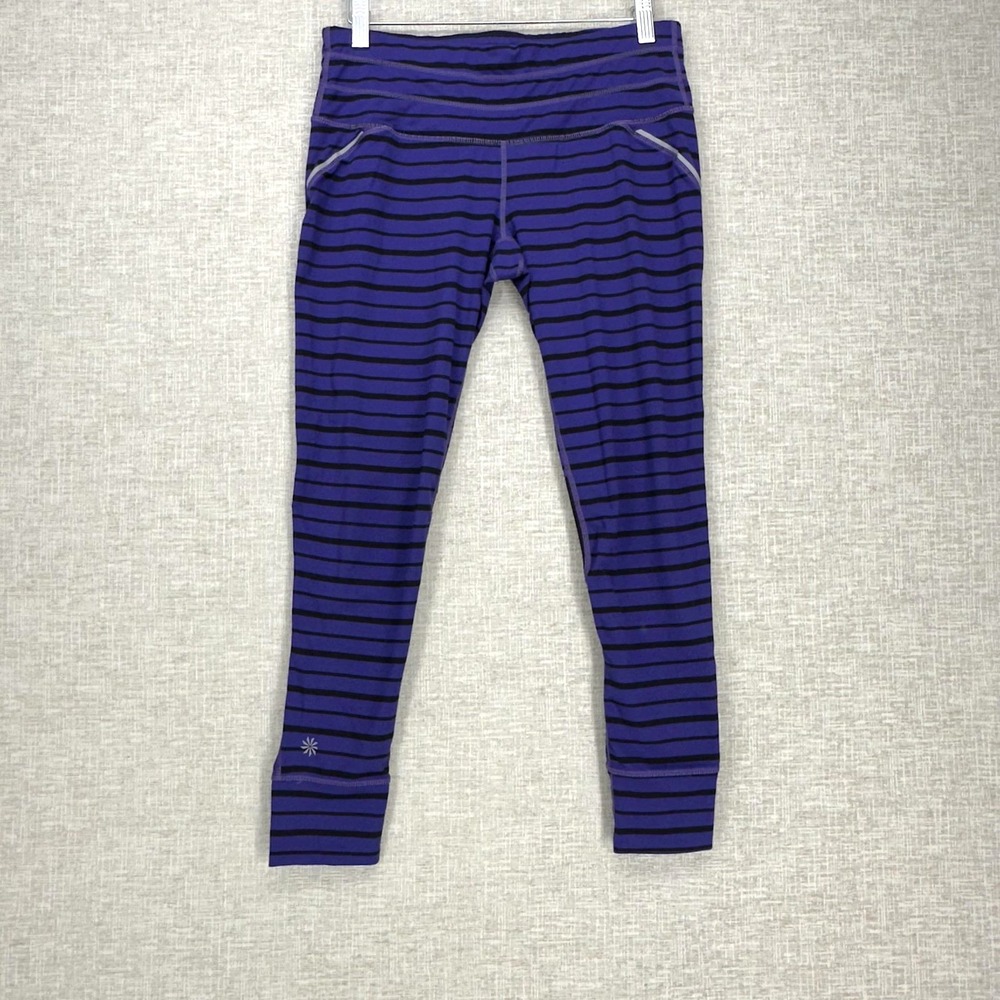 Athleta Leggings Womens MP Purple Black‎ Stripe Ankle Running Zip Pocket Workout